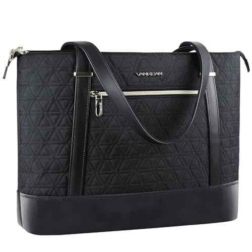 VANKEAN Laptop Bag for Women, 15.6 Inch Work Bag Waterproof Computer Shoulder Bag with USB Port, Large Tote Bag for Work Business Travel, Quilted Black