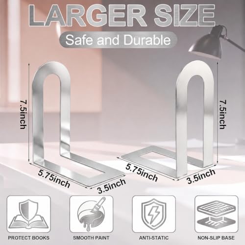 Chunful 2 Pcs Silver Metal Bookends - Modern U-Shaped Shelving Supports, 7.5 x 5.75 x 3.5 in