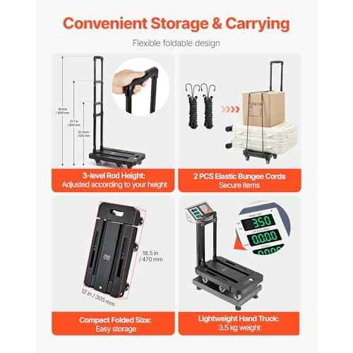 VEVOR Folding Hand Truck, 500 lbs Load Capacity, Collapsible Luggage Cart with 6 Wheels, 2 Elastic Ropes & Expandable Base, Utility Dolly Platform Cart for Airport Travel Luggage Office Moving, Black