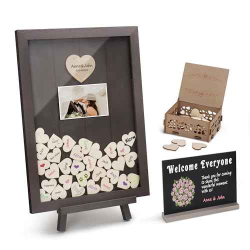 SELEAD Solid Wood Wedding Guest Book Alternative - Rustic Drop Top Picture Frame Sign with Chalkboard, 100pcs Wooden Hearts, Storage Box - Wedding Reception for Party Anniversary Birthday