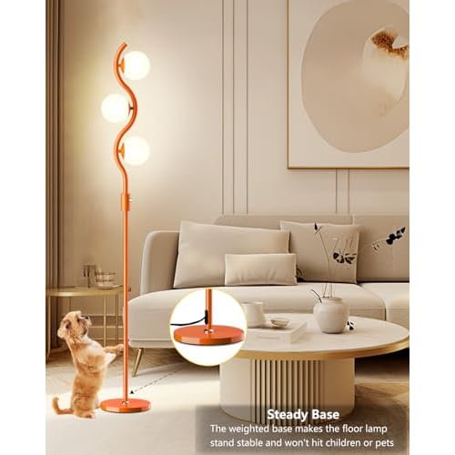 Lightdot 3-Globe Dimmable Floor Lamp Orange Mid Century Modern Standing Lamp with 3PCS 3000K G9 Bulbs Stepless Brightness Adjustable Stable Base for Living Room, Bedroom, Office
