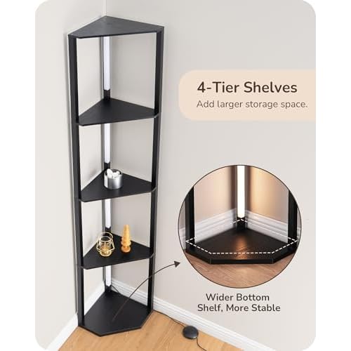EDISHINE 64" Corner Display Shelf with Light, Modern Corner Floor Lamp with Shelves, 3CCT, Stepless Dimmable Standing Lamp for Living Room, Bedroom, Office, Dining Room, 3000K 4000K 5000K, Black