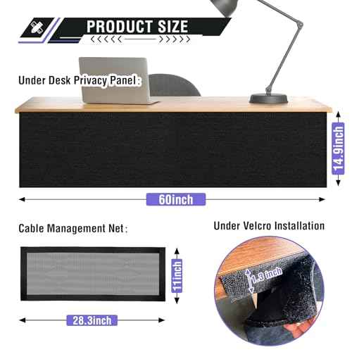 14.9 x 60 Inch Under Desk Privacy Panel with Table Cable Management Net Desk Skirt Modesty Desk Panel Self-Gripping Straps for Office and Home