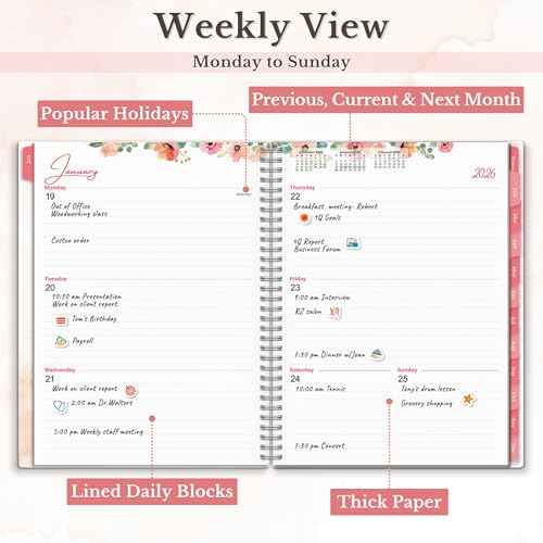 CRANBURY Large Planner 2026, 8.5x11 Weekly Monthly Calendar Agenda, Jan to Dec 2026 Daily Organizer, Floral Theme, Spiral Bound Planner with Tabs, Bookmark, Stickers, Lays Flat