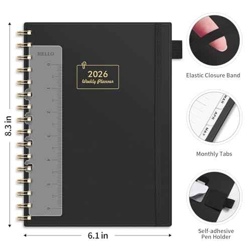 AHGXG 2026 Planner, Weekly and Monthly, Jan 2026 - Dec 2026, 12 Months, 2026 Calendar Planner Book with Tabs for Men Women School Home Office Supplies, A5 (6" X 8.38"), Black