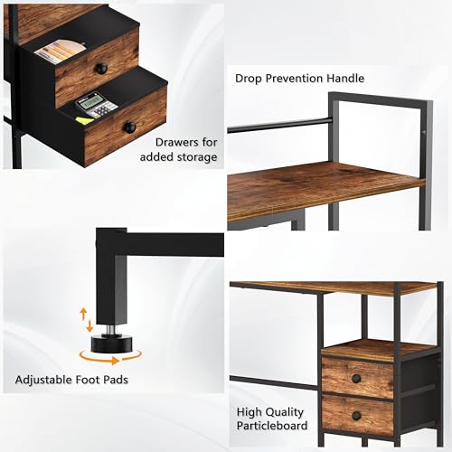Desk Shelf,Desktop Organizer Shelf for Computer Monitor, 3 Tier Display Rack and 2 Fabric Drawers, Wood Desktop Bookshelf Storage Rack for Home Office,Dorm, Rustic Brown