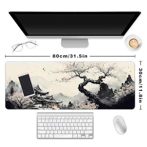 Long Gaming Mouse Pad Extended Anime Large Desk Pad with Non-Slip Base Full Keyboard Mat with Stitched Edges for Gaming and Office 31.5 x 11.8 inches (Wash Painting)