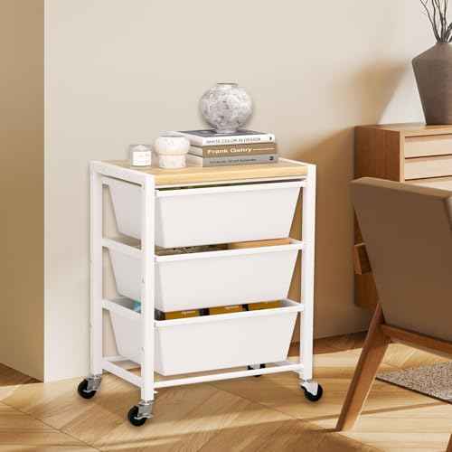 Rolling Cart with Drawers, Rolling Storage Cart with 3 Large Plastic Drawers & Wooden Tabletop, Utility Cart for Living Room, Classroom, Bedroom, Office