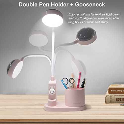 Cute Pink Rabbit Lamp for Kids Reading Study - Star Projector/Pen Holder/3 Brightness/Eye Caring, Rechargeable Led Table Desk Lamp for Home Office Dorm Decor, Ideal Birthday Christmas Gifts