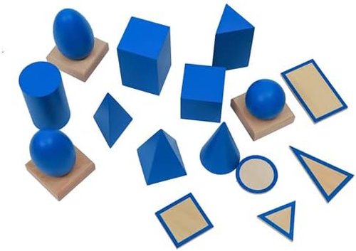 Montessori | Blue Geometric Solids Blocks Set - 3D Wooden Shapes for 3+ Year Olds & Sensory Learning
