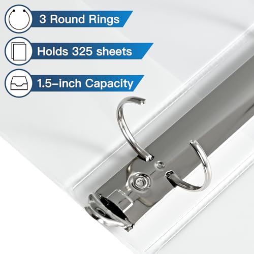 1.5-inch 3 Ring-Binder with 2 Interior Pockets, Premium 1.5''-Binders Holds 325 Sheets US Letter Size 8.5'' x 11'' Paper - Durable, Versatile Binders for Office, Home, and School Use, 6 Pack (White)