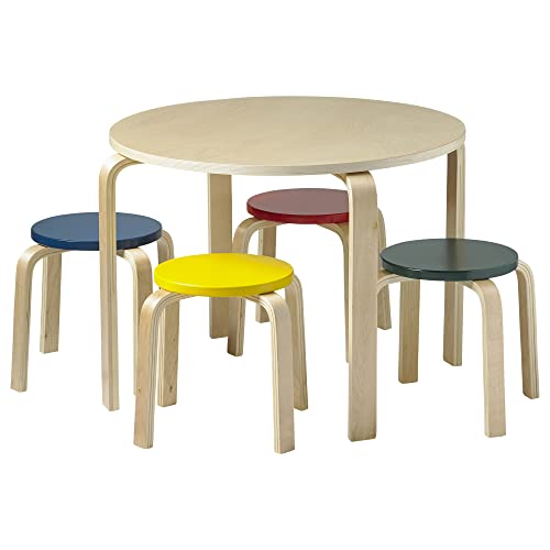 ECR4Kids Round Bentwood Table & 4 Bentwood Stools Set - 5-Piece Assorted