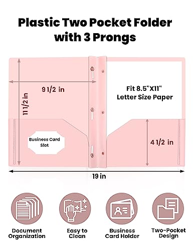 SUNEE Pastel Colors 3-Prong Plastic Folder Set - 6 Pack, 2 Pockets, Letter Size, Tear-Resistant