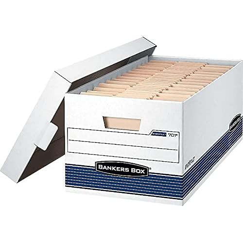Bankers Box 4 Pack STOR/File Medium-Duty File Storage Boxes, FastFold, String and Button, Legal, White/Blue