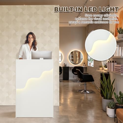 Wood Reception Desk with Drawer & LED Light, 23.6" Front Desk — White (23.6x15.7x37.8in)