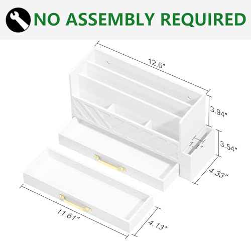 Bamboo Desk Organizer Mail Holder Countertop Wood Desk Drawer Tabletop Storage Box Pen Holder Letter Sorter Makeup Organizer for School Home Office Supplies with Pen Holder White