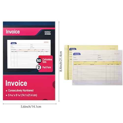 XKDOUS 20 Pack Invoice Book, 2-Part Carbonless, 5-9/16" x 8-7/16" Invoice Receipt Book for Small Business, 50 Sets per Book