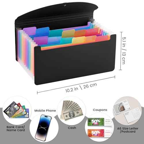 13 Pocket A6 Receipt Organizer, 2 Pack Small Accordion File Organizer, Coupon Organizer with Labels - Black