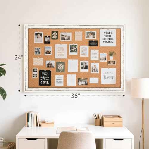 Cork Board Bulletin Board, 36" x 24" Corkboard for Wall, Rustic White Wooden Frame, Hanging Pin Board for Home & Office Decor, 10 Push Pins