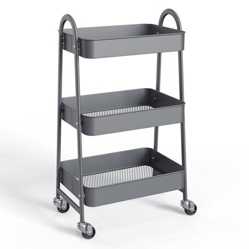 NEWBULIG Gray 3-Tier Metal Rolling Cart with Lockable Wheels, Heavy Duty Utility Shelf