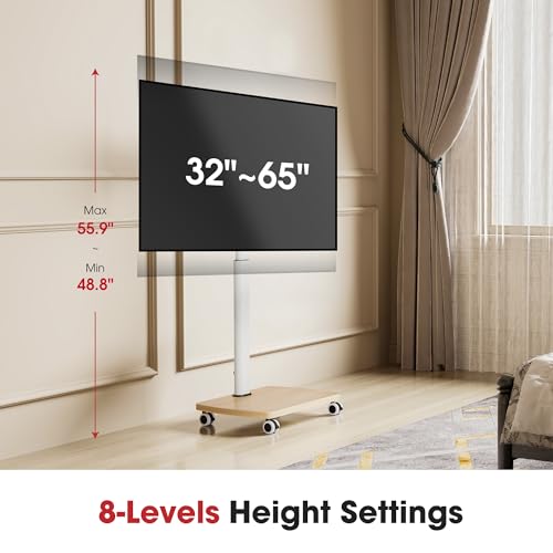 Rolling TV Stand for 32 37 43 50 55 60 65 Inch TVs, Portable Mobile TV Stand on Wheels, 8-Level Height Adjustable TV Cart with Swivel & Tilt Mount for Bedroom/Living Room/Office/Corner