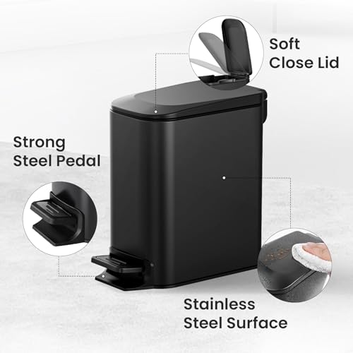 Cesun Matte Black Small Bathroom Trash Can with Lid, 1.6 Gal, Soft Close