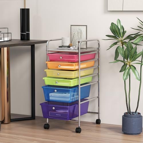 Julimoon Rolling Storage Cart with 6 Drawers,Mobile Storage Drawers Organizer, Multipurpose Plastic Utility Cart with Wheels for Home Office School Garage (Rainbow & Clear)¡¦