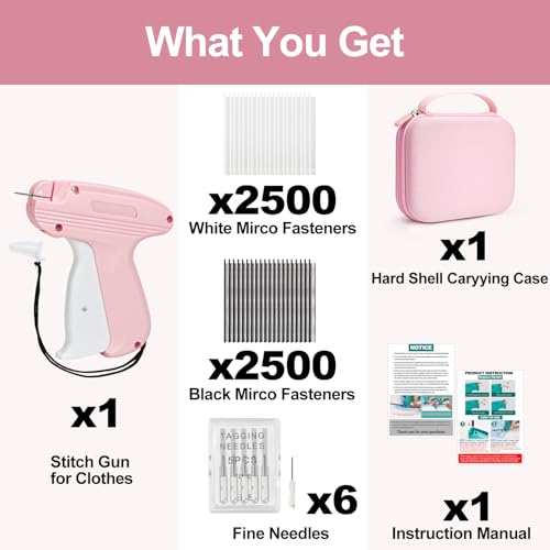 Pink Mini Stitch Gun for Clothes Kit with Case, 6 Micro Needles & 2500 Black/White Fasteners
