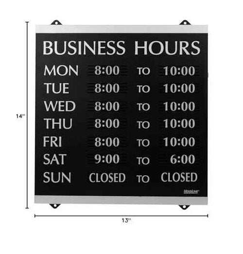 Headline Sign - Century Series, Business Hours Sign with 208-3/4" Characters, Suction Cups for Hanging, 14x13 Inch, Black and Silver (4247)