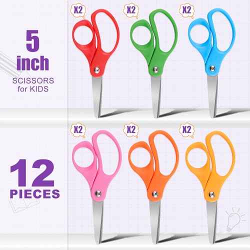 12 Packs 5" Small School Student Blunt Tip Craft Kids Scissors, Stainless Steel Blades Comfort Grip 5 Inch Safety Scissors Bulk for Children Toodler Cutting Paper