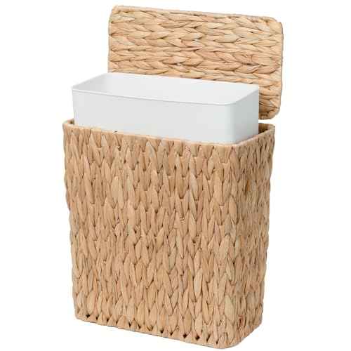 3 Gallon Wicker Trash Can,Small Bathroom Trash Can with Lid,Natural Water Hyacinth Wicker Waste Basket for Bedroom,Toilet,Narrow Garbage Can with Removable Liner