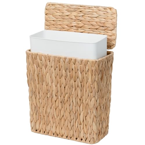 Coeusy Water Hyacinth Wicker Trash Can with Lid, Small Bathroom Waste Bin 3 Gallon