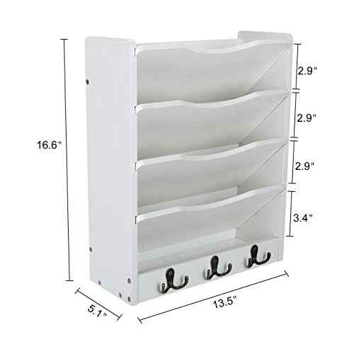 PAG 5-Tier Wall File Holder Hanging Mail Organizer Wood Magazine Literature Rack with 6 Hooks, White