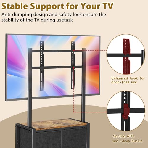 Cottage Charm Black Mobile TV Cart for 23-65 inch TVs, 88 lb load, with 4 Fabric Drawers & Wood Shelf