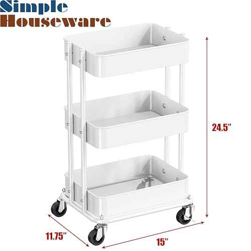 Simple Houseware 3-Tier Compact Utility Rolling Cart, Low 24¡± Height Fits Under Desk, Space-Saving Storage for Home Office, Dining Room, or Kitchen, White