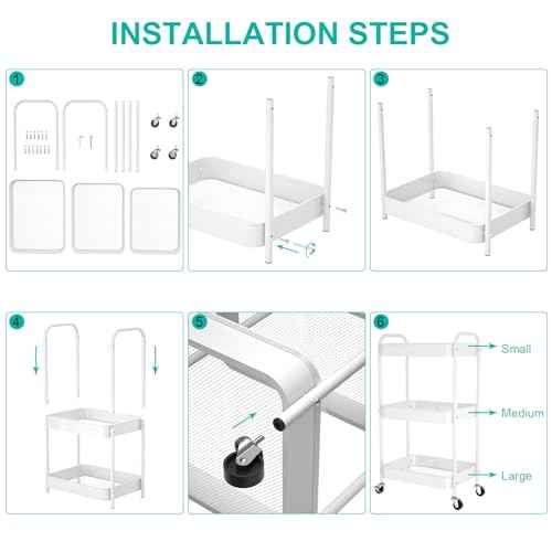 3-Tier Rolling Metal Storage Cart with Wheels, Multi-Functional Organizer for Office, Kitchen, Bathroom, Books Diapers - Easy Assembly (White)