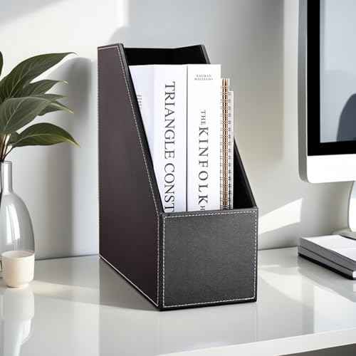 KINGFOM Wooden Leatherette Desktop File Folder Organizer and Document File Stand Journals Magazine Rack 2 Slots (black)