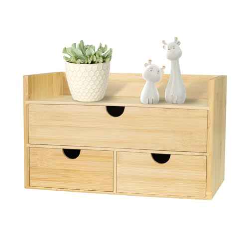 Bamboo Desk Organizer, Desktop Organizer with 3 Drawer, Tabletop Storage Organization Box for Bills, Countertop, Home Office Supplies