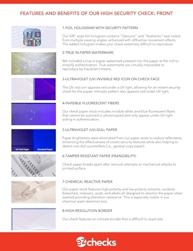 EZ Checks High Security Check Paper 250 Sheets with Hologram & 20 Features - Check at Top, QuickBooks Compatible (Blue/Maroon)