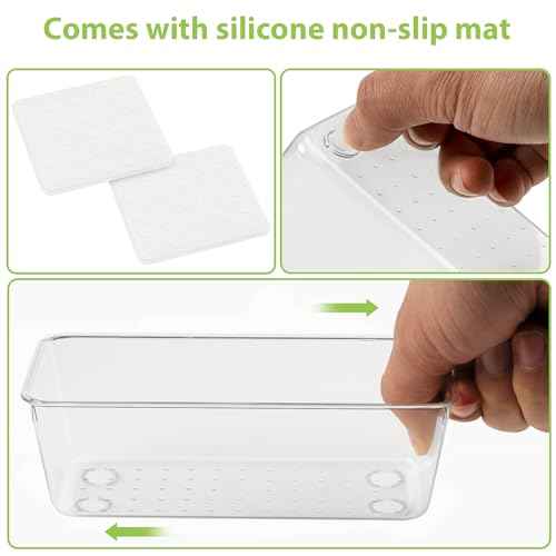 12 Piece Clear Drawer Organizer Set, 3 Sizes Bathroom Vanity Organizer Trays and Storage Bins for Makeup, Cosmetics, Jewelry, and Gadgets. Perfect for Office, Kitchen, Bedroom, Bathroom Use.