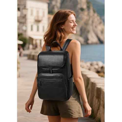 Computer Leather Backpack for Women Travel Back pack with 15.6 inch Laptop Compartment, Vintage Ladies Backpack, Black