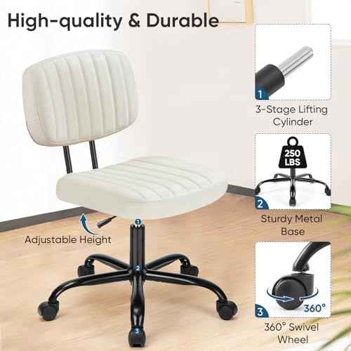 DUMOS Small Armless Home Desk Chair with Low Back Lumbar Support, Height Adjustable PU Leather Computer Task Chair with 360¡Æ Swivel Wheels, for Small Space, Kids and Adults, Beige White