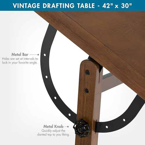 Studio Designs Vintage Drafting Table - Antique Design Solid Wood Drafting Table with Built-In Pencil Groove and Pencil Ledge - Angle Adjustable Work Surface