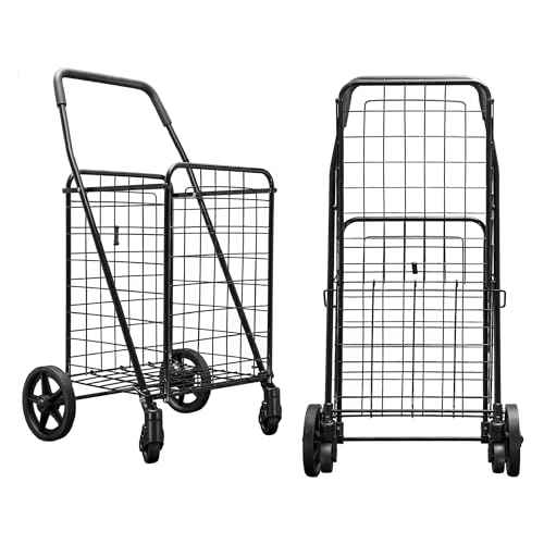 Folding Shopping Cart with 360-Degree Wheels Black (Single Basket)