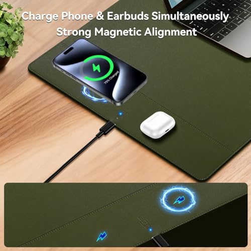 Wireless Charging Mouse Pad, 15W Fast Charge Magnetic Charger Desk Pad, Large Office Desk Mat (35.4"x16.9") with Ultra-Smooth Surface, Military Green Computer Mousepad for MacBook, PC, Laptop