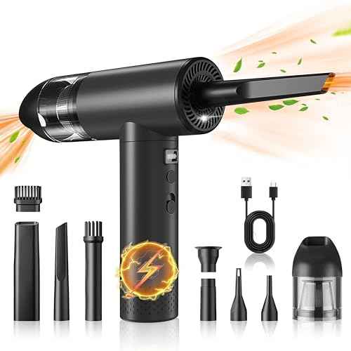 2-in-1 Air Duster and Car Vacuum, Portable Cordless Mini Vacuum Cleaner for Keyboard, PC, House & Car Cleaning, 7500mAh Fast Charging, 9 Attachments, LED Light - Black