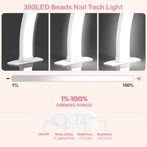 Foldable Large Half Moon LED Light,29" Arch Light with Rhinestone-Encrusted for Table Nail Desk with Phone Stand, Upgrade Arch Light for Nail Techs (White, Large)