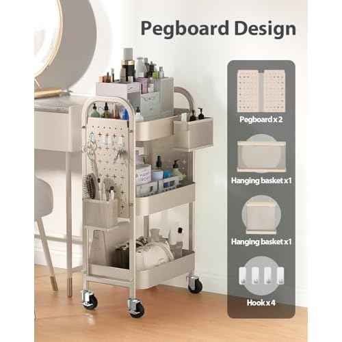 ALVOROG 3 Tier Rolling Cart with DIY Pegboards Metal Utility Cart with Wheels Handles Baskets Hooks, Craft Cart for Office Kitchen Bathroom(Khaki)