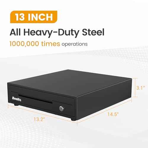 13" Cash Rigister Drawer for Small Business, 4 Bill/5 Coin with Check Slot, Steel Construction, Works with POS (Includes Keys & RJ11/12Cable) - BK1313E