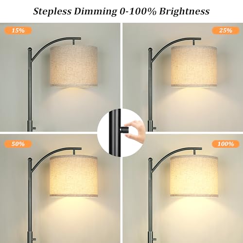 Dimmable Floor Lamp, Arc Floor Lamps for Living Room, Stepless Dimming Modern Standing Lamp with Linen Shade, Tall Lamp for Bedroom Office Dining Room- Black